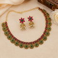 Antique Gold Floral Necklace with Ruby Green Stones & Pearl Jhumka Earrings Set