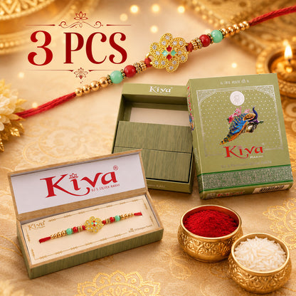 Floral Premium Clover Meenakari Rakhi for Brother, Turquoise Beads