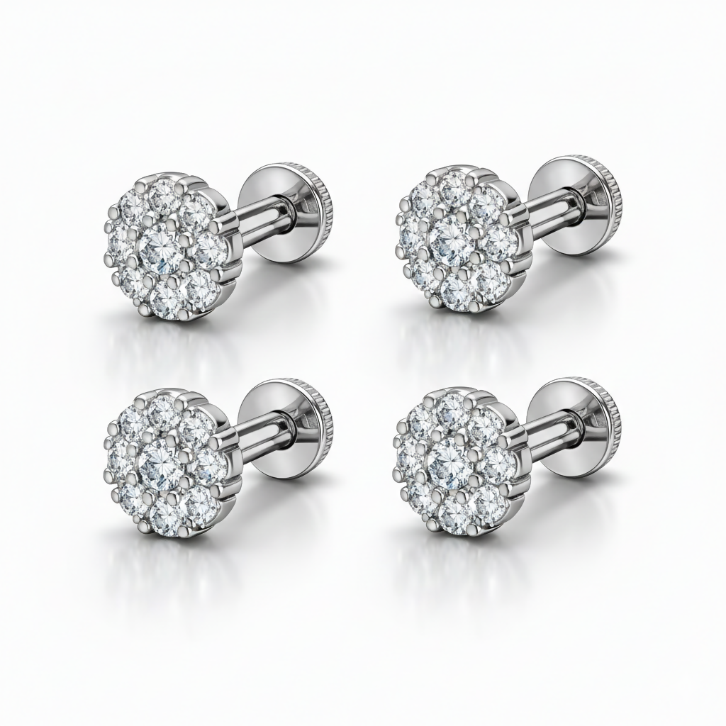 Silver plated AD flower cluster stud earrings displayed elegantly against a white background