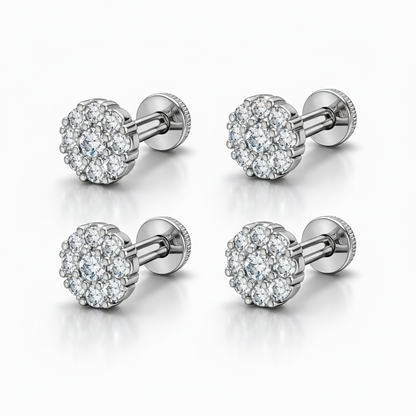 Silver plated AD flower cluster stud earrings displayed elegantly against a white background