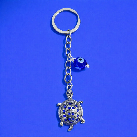 Turtle Evil Eye Keychain with Blue Stones for Car Keys, Bags & Gifting