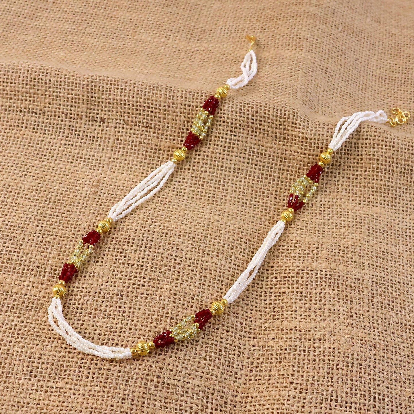 Handmade Multi Strand Pearl Beaded Mala Necklace Red Gold Ethnic Jewelry for Women