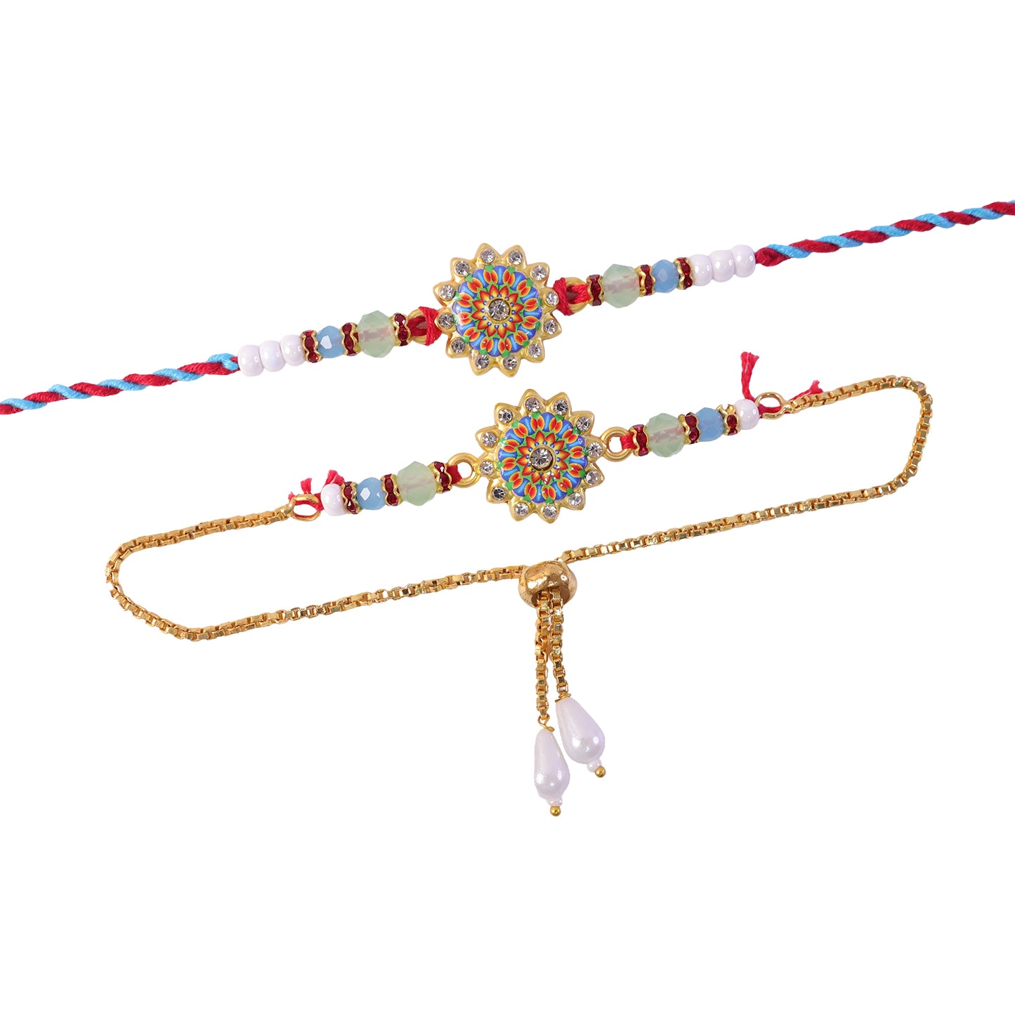 Round Floral Kundan Bhai Bhabhi Lumba Rakhi with Pearl Drop Charm