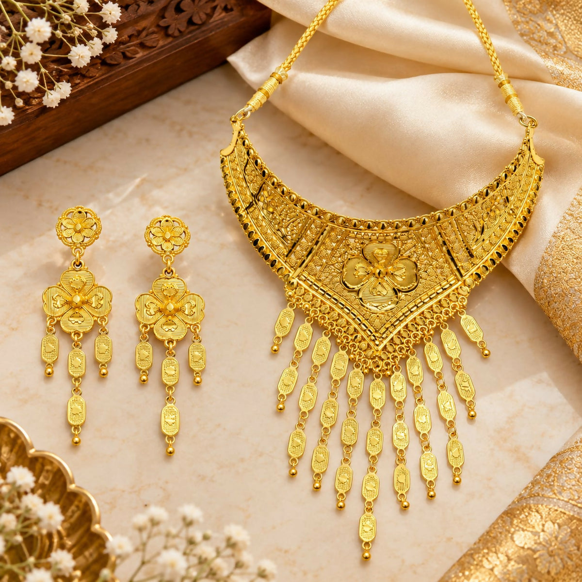 Floral Statement Necklace Set with Layered Charm Tassels and Matching Long Earrings