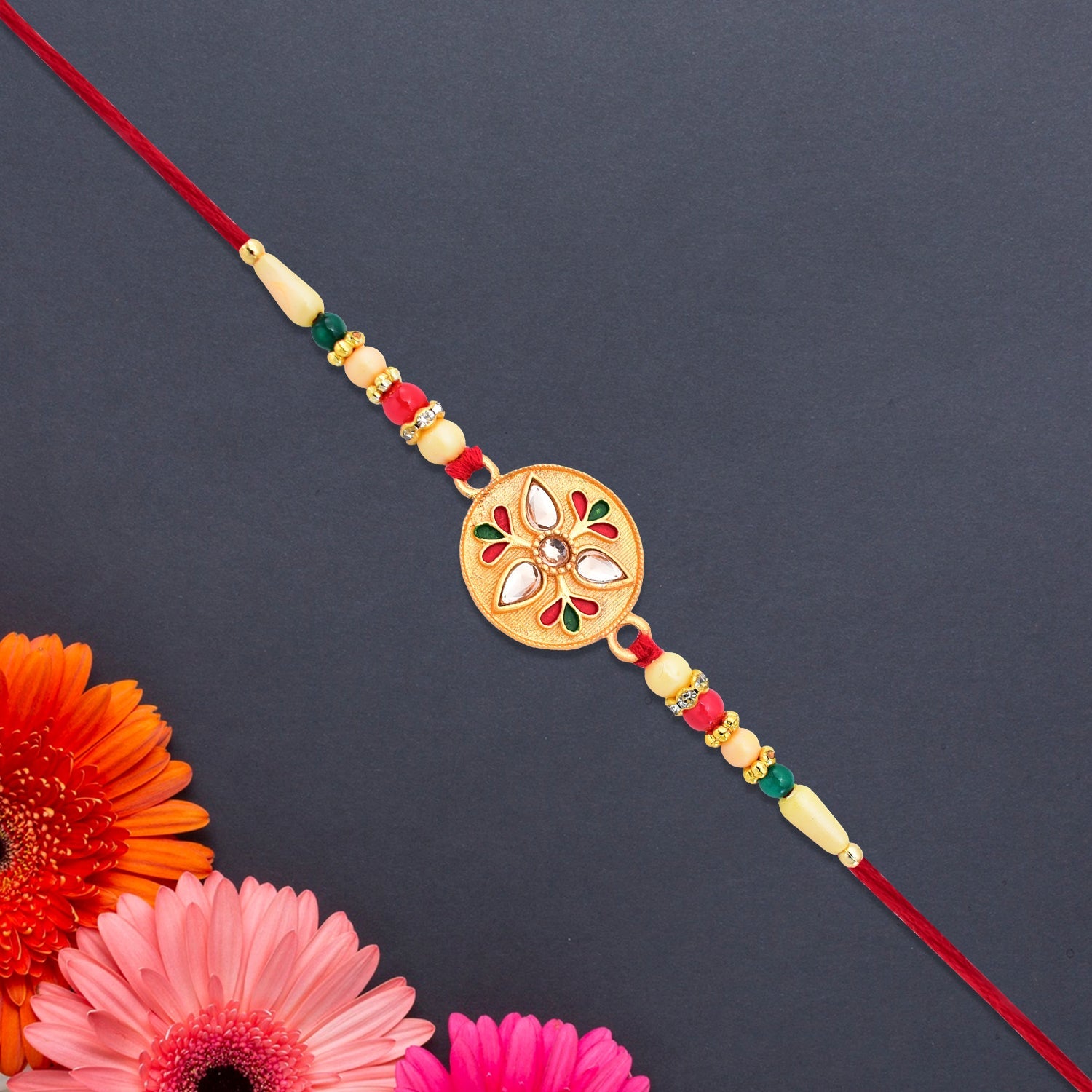 Kalash Rakhi Sacred Design with Embellished Beads & Red Thread (5pcs)
