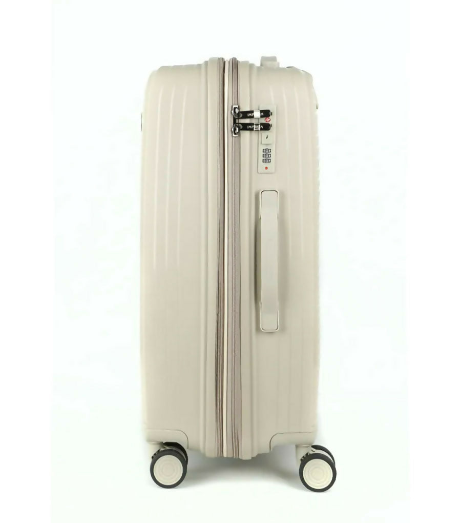 Group of 28-Inch hard shell luggage in black, white, dark grey, and khaki colors
