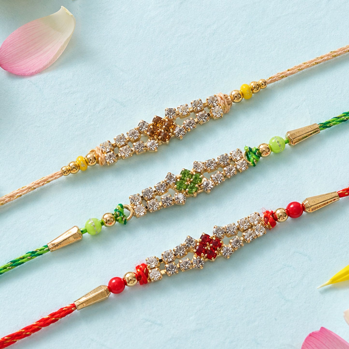 Floral Motif Stone Bar Rakhi for Raksha Bandhan (Pack of 6)