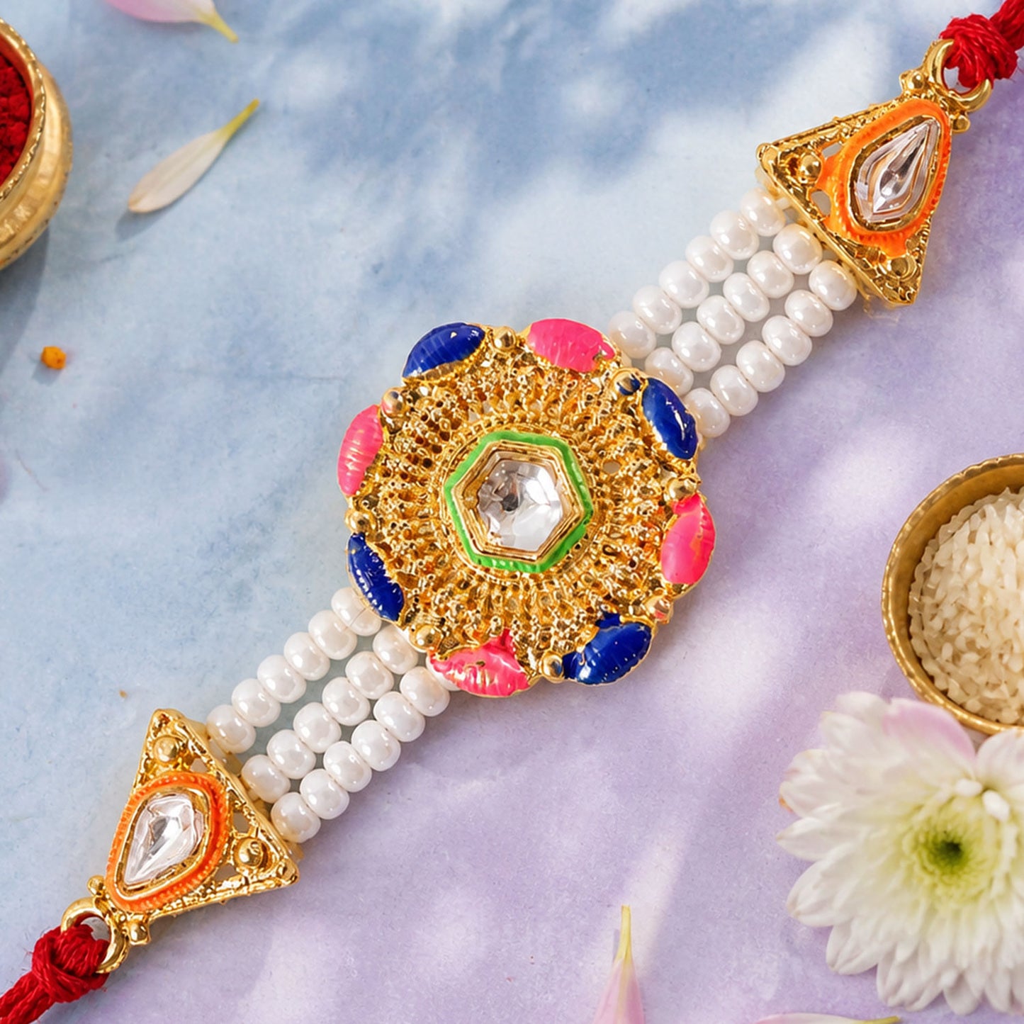 Round Filigree Kundan & Meenakari Centerpiece Rakhi with Triple Strand White Pearls