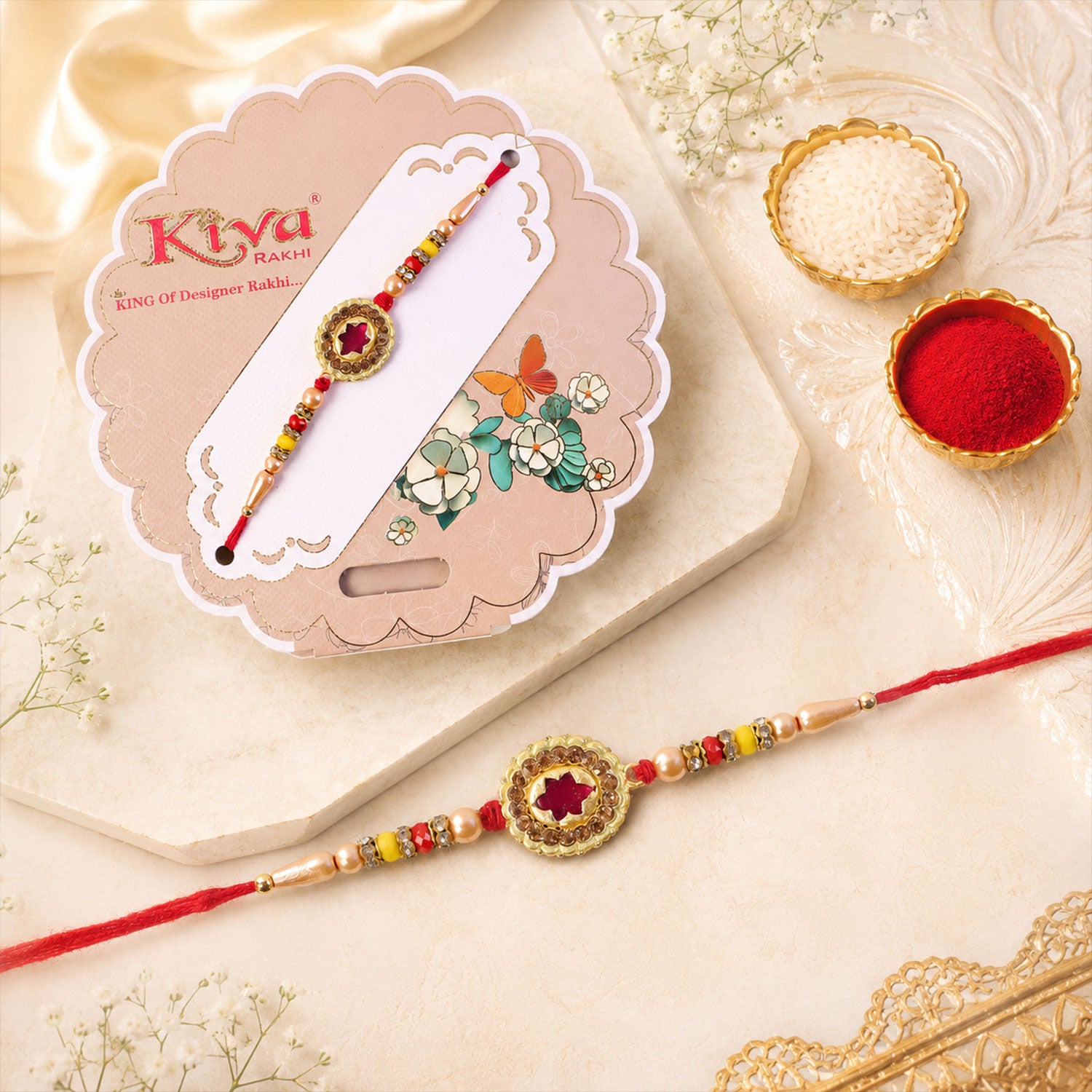 Antique Gold Maroon Star Floral Rakhi for Brother with Pearls & Beads