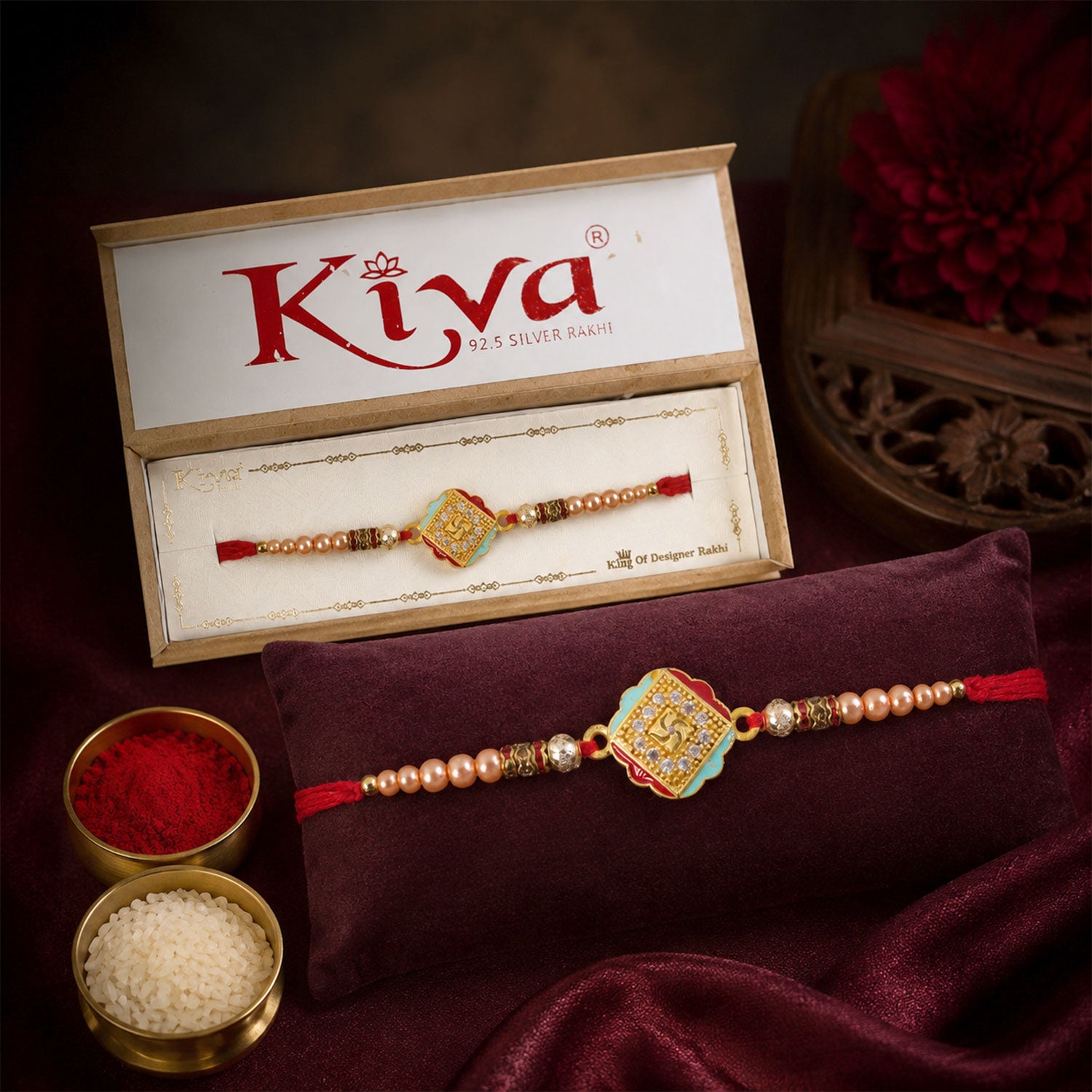 Silver Rakhi with Golden Square Om Centre, Roli Chawal Coin and Peacock Gift Packing