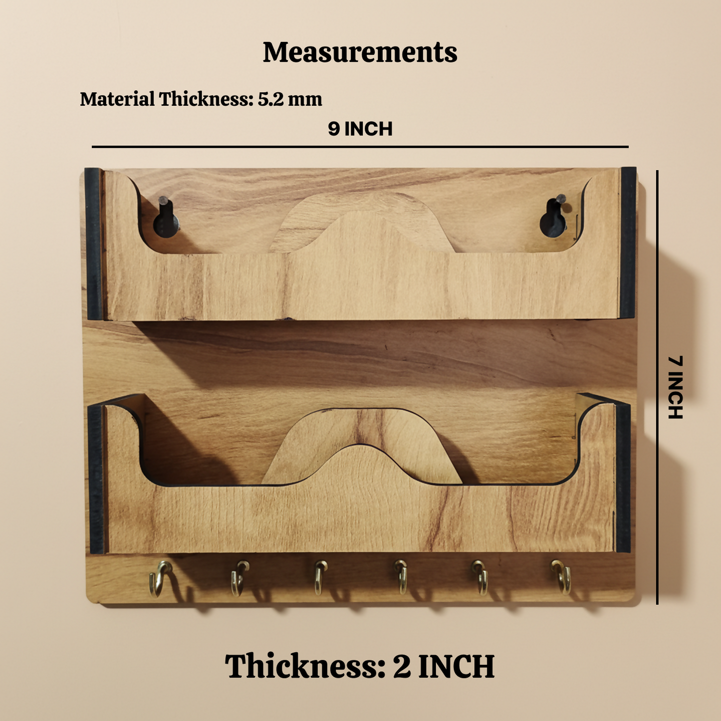 Double Layer Wooden Wall Mounted Organizer with Glasses Shelf and Key Hooks