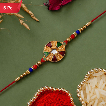Multicolor Kundan Rakhi Golden Floral Design with Beaded Red Thread (5pcs)