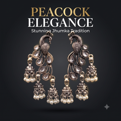 Oxidised Silver Peacock Jhumka Earrings Kundan Stone Triple Jhumki Pearl Danglers