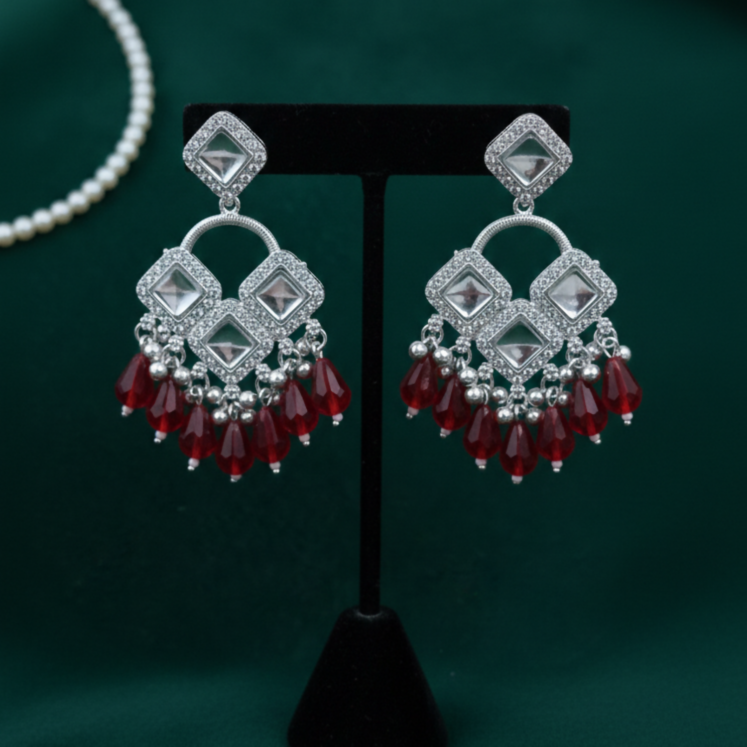 Elegant Silver Plated Chandelier Earrings Featuring Square Crystals and Red Teardrop Beads