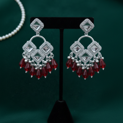 Elegant Silver Plated Chandelier Earrings Featuring Square Crystals and Red Teardrop Beads