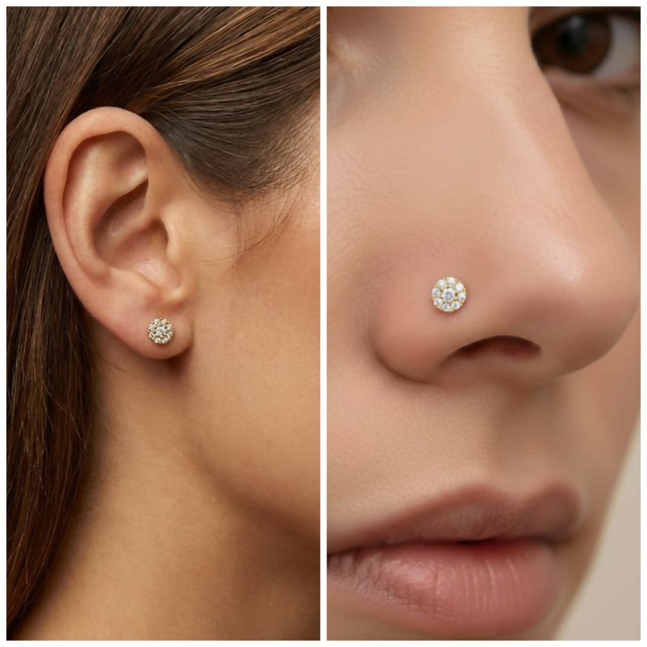 Set of four gold plated floral diamond cluster nose studs with secure backing