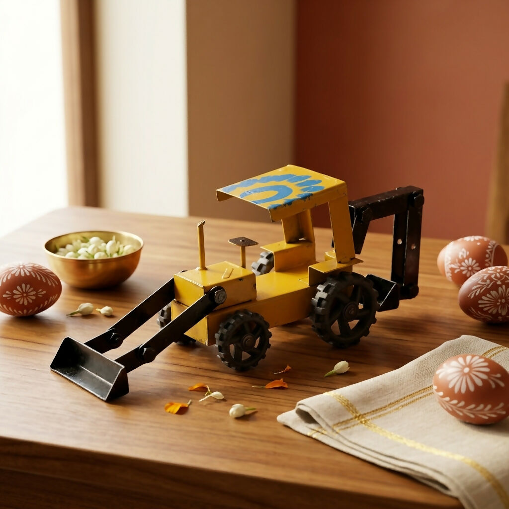 Close-up of the loader and backhoe on metal JCB toy