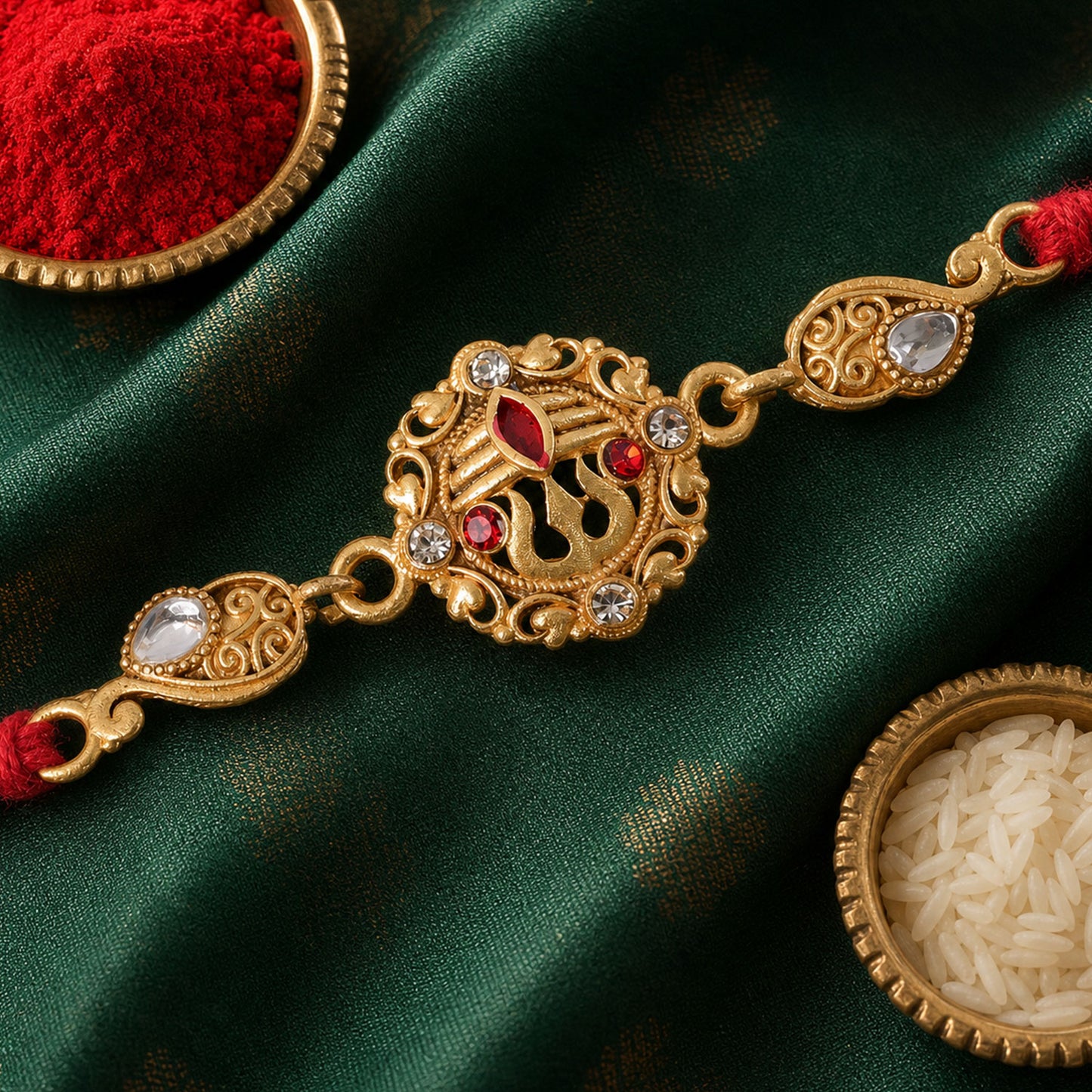 Gold-Toned Trishul Rakhi with Red Stones, Clear Crystal Accents & Designer Red Thread
