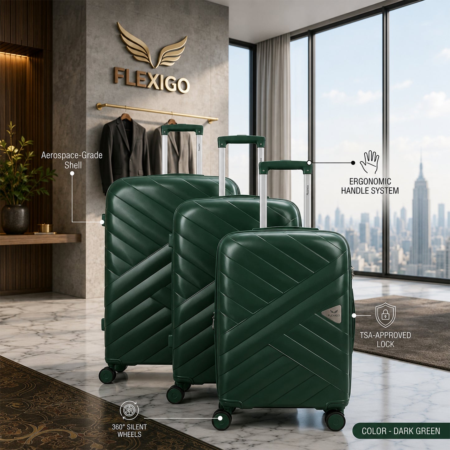 Green Premium Travel Trolley Suitcase with 360° Wheels, TSA Lock & Pull Handle