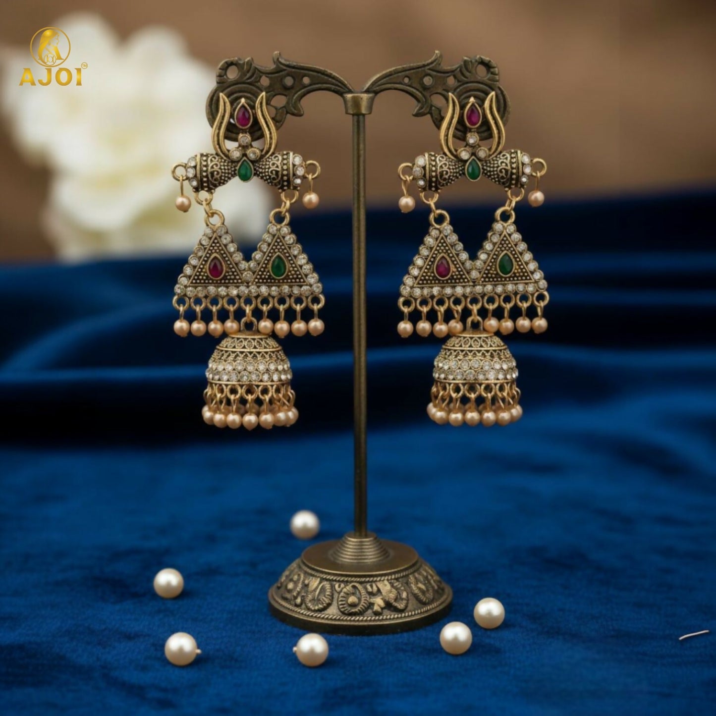 Traditional Shiv Trishul Design Antique Gold Jhumka Earrings with Stone Work