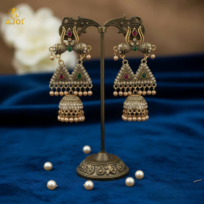 Traditional Shiv Trishul Design Antique Gold Jhumka Earrings with Stone Work