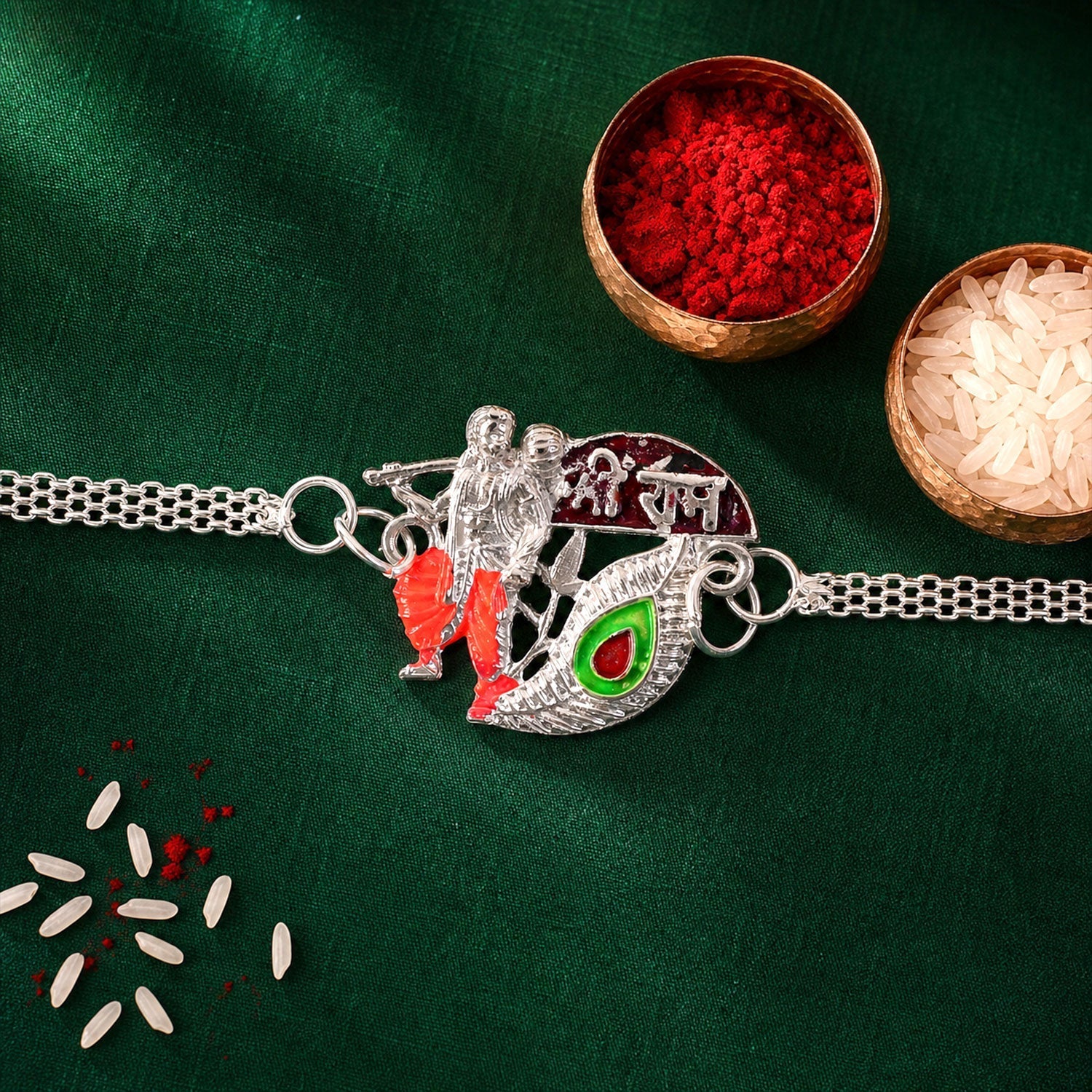 Devotional Morpankh Enamel Silver Chain Rakhi (10pcs)