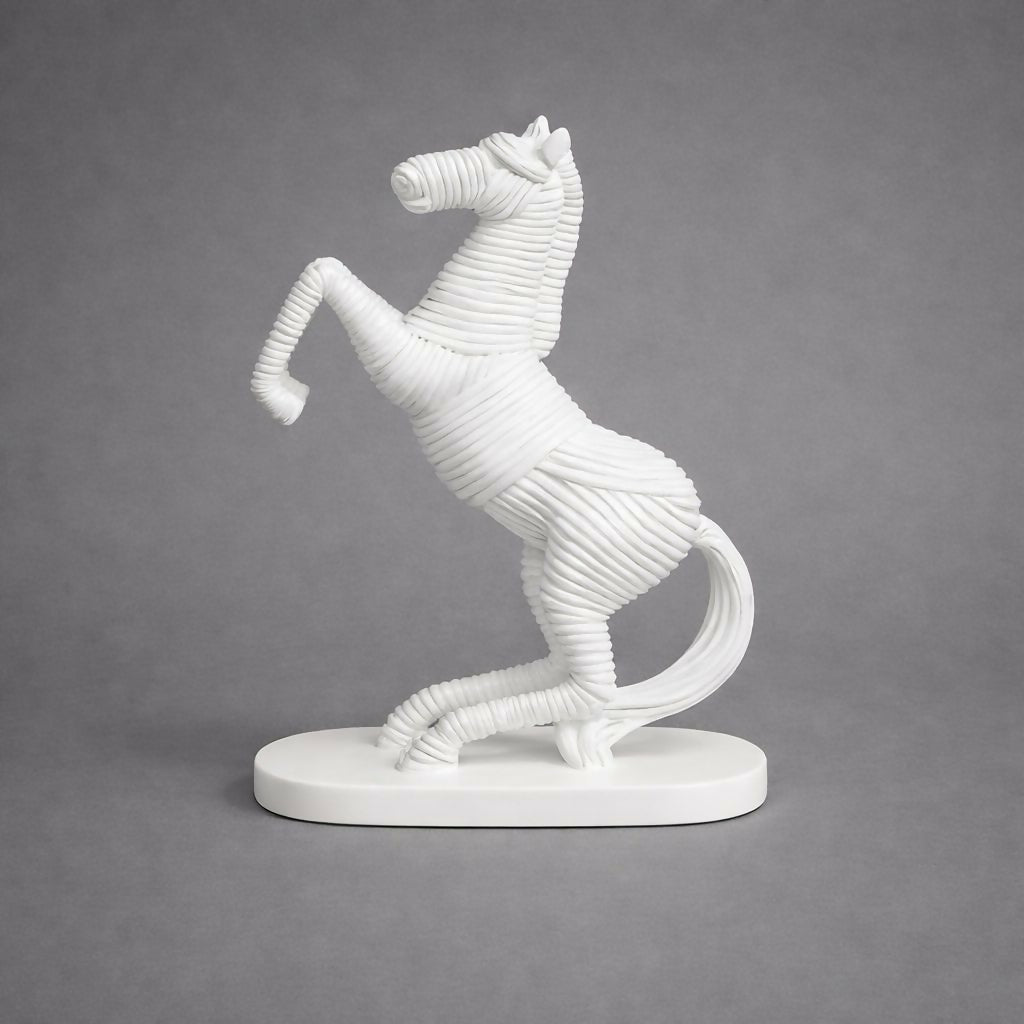 Side view of modern abstract rearing horse sculpture for home decor