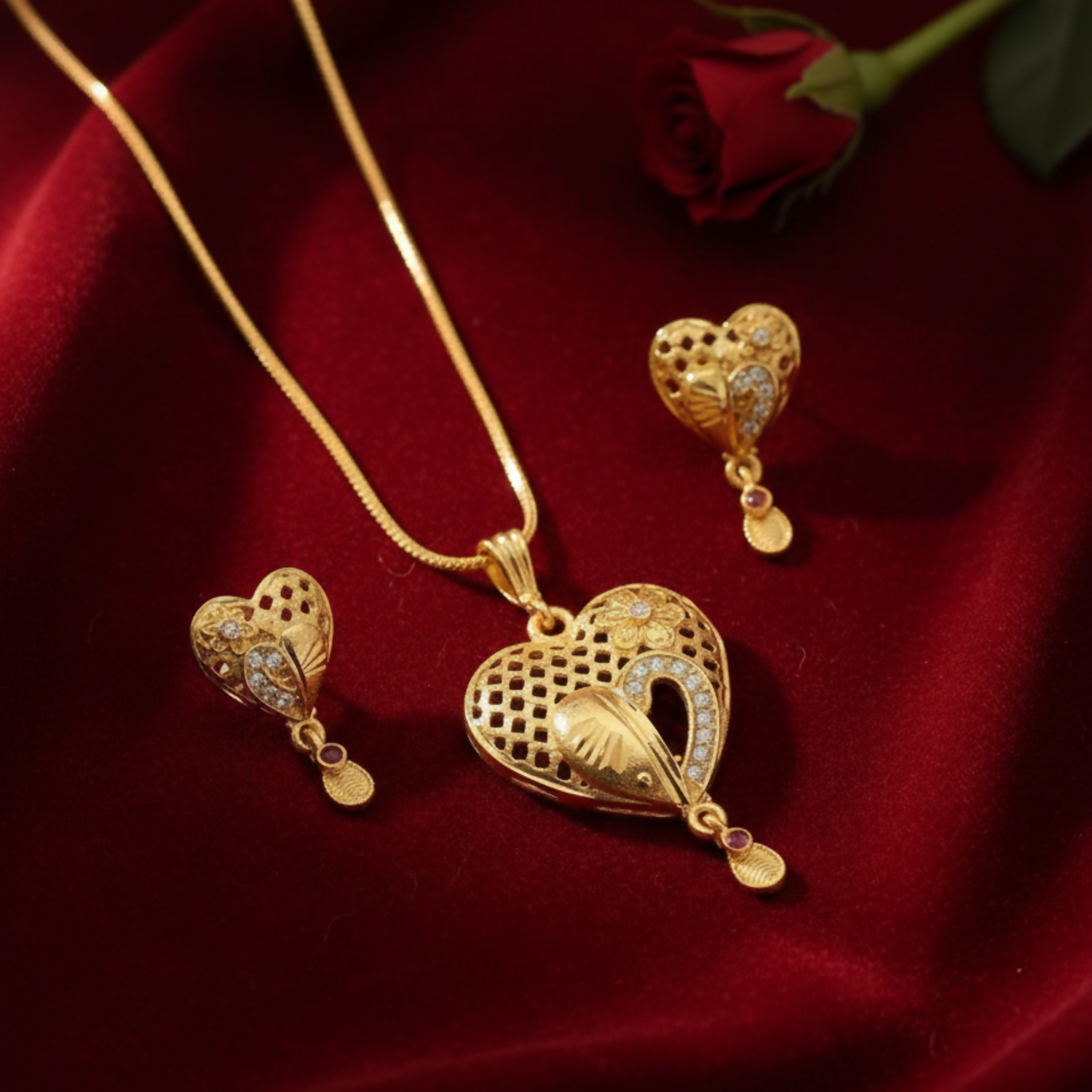 Heart Motif Gold Pendant and Earring Set Elegant Traditional Jewelry Set for Women