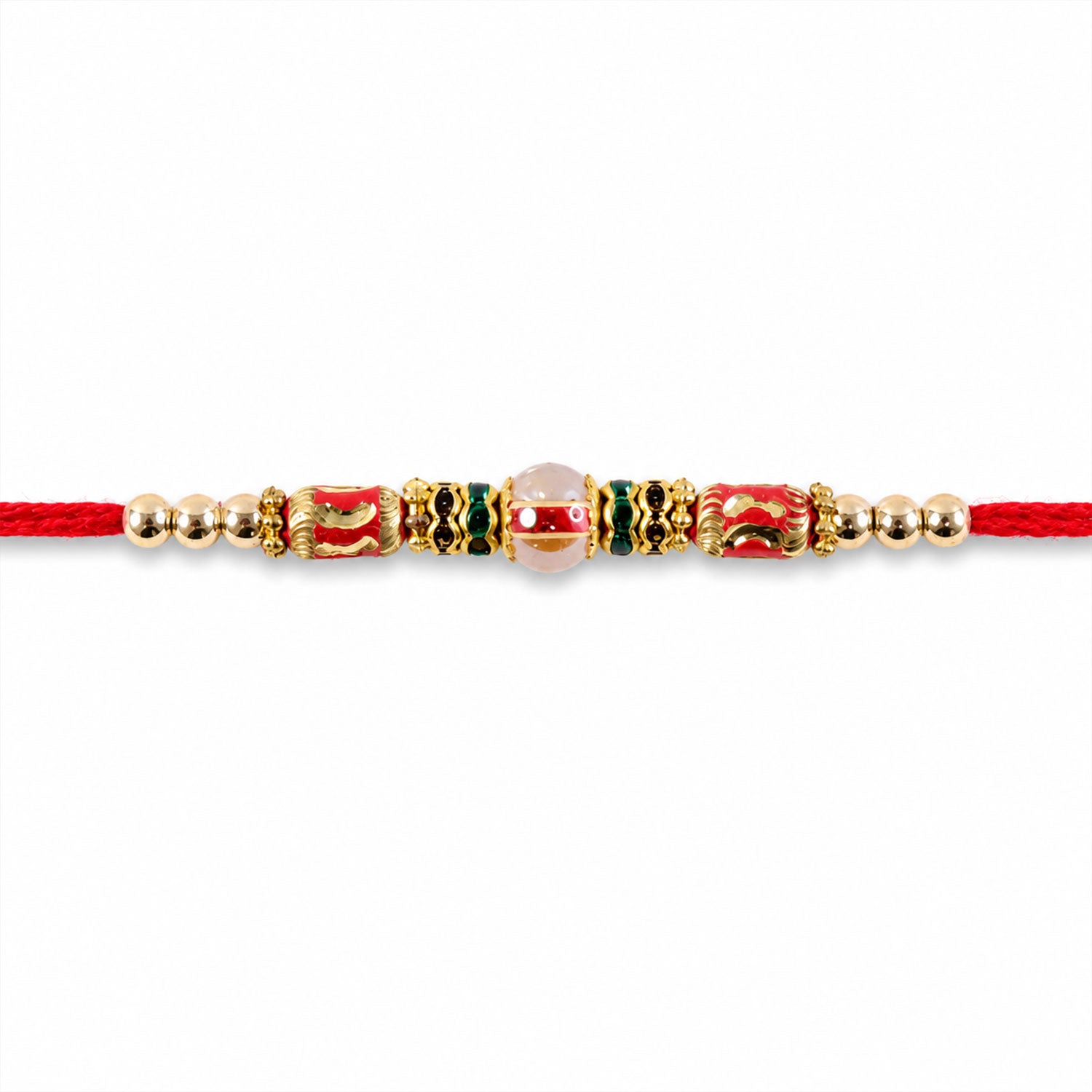 Red Green Stone Golden Designer Rakhi with Traditional Beads and Festive Thread