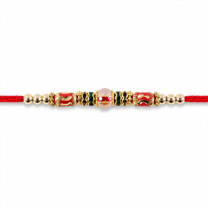 Red Green Stone Golden Designer Rakhi with Traditional Beads and Festive Thread