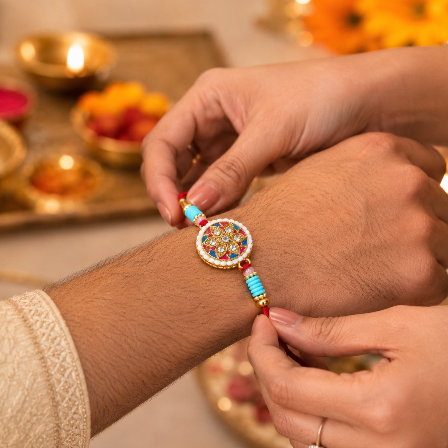 Multicolor Floral Kundan Rakhi Elegant Design for Rakshabandhan (5pcs)