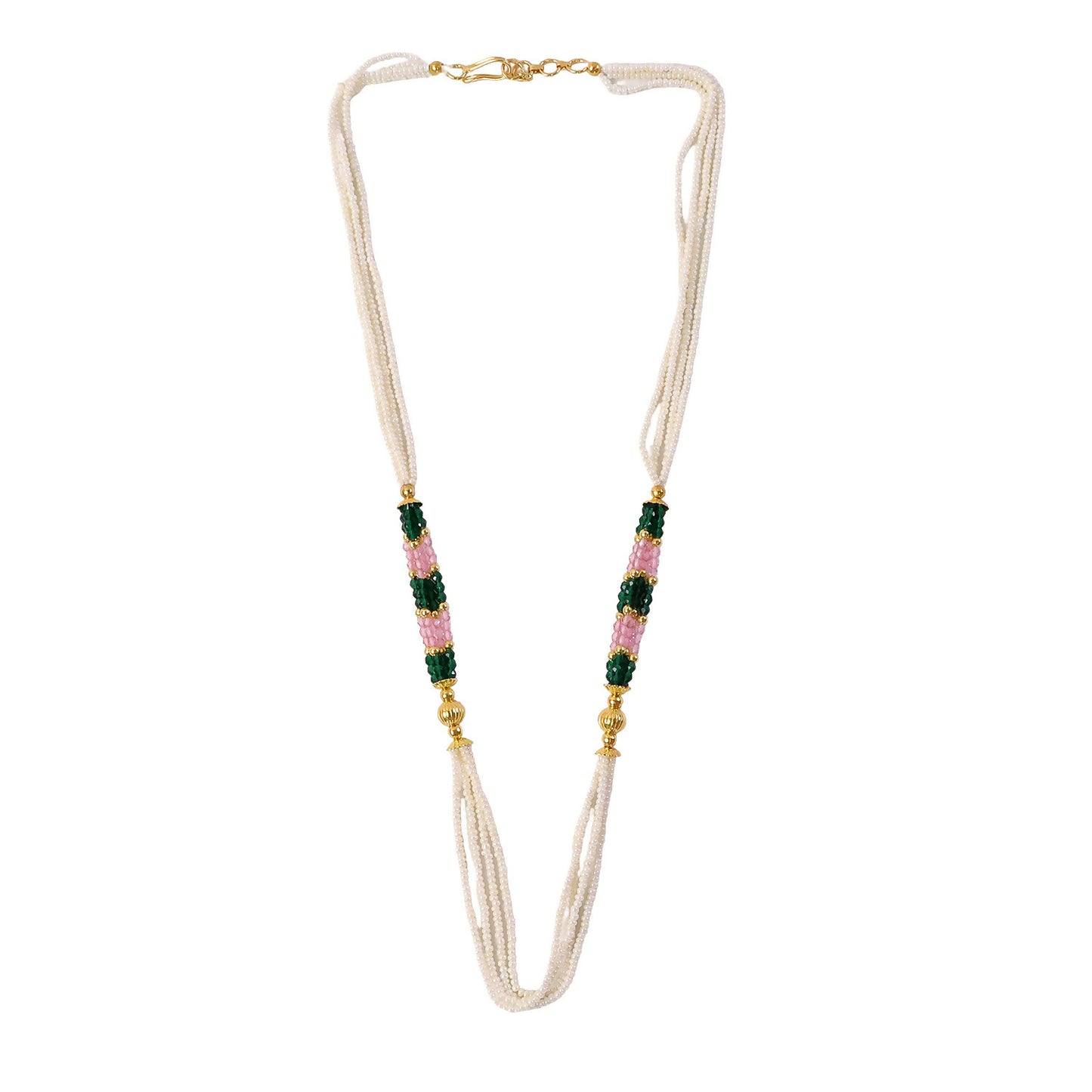 Detailed shot of green and pink beads on pearl mala necklace