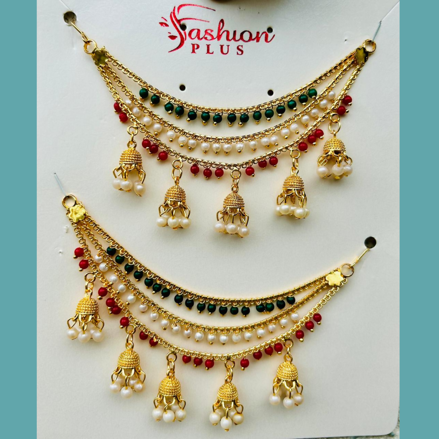Traditional Gold Finish Tricolor Pearl Jhumki Designer Kanchain for Women