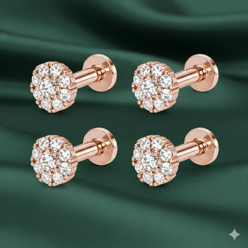 Rose gold flower crystal flat back stud earrings in floral cluster design