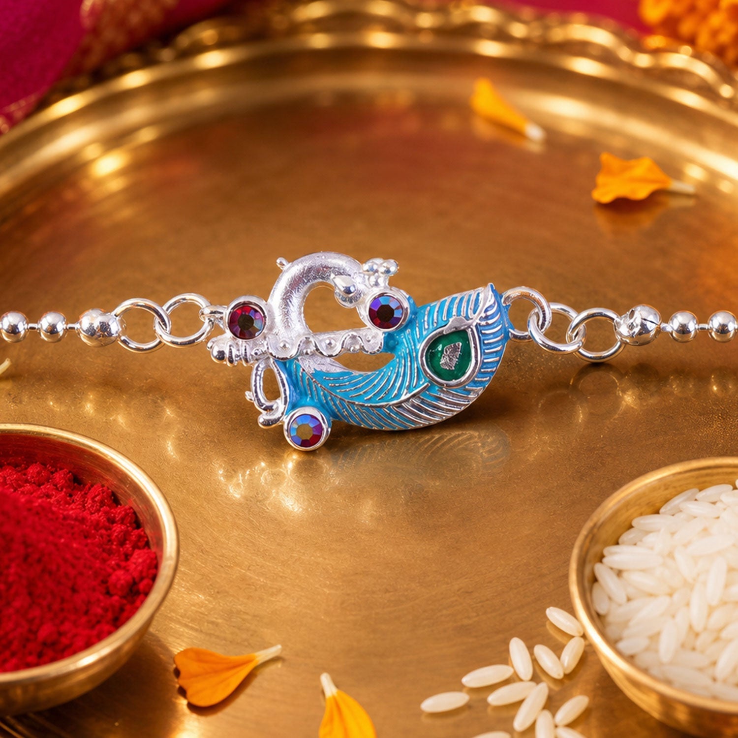 Silver Peacock Enamel Bracelet Elegant Festive Accessory for Raksha Bandhan (5pcs)