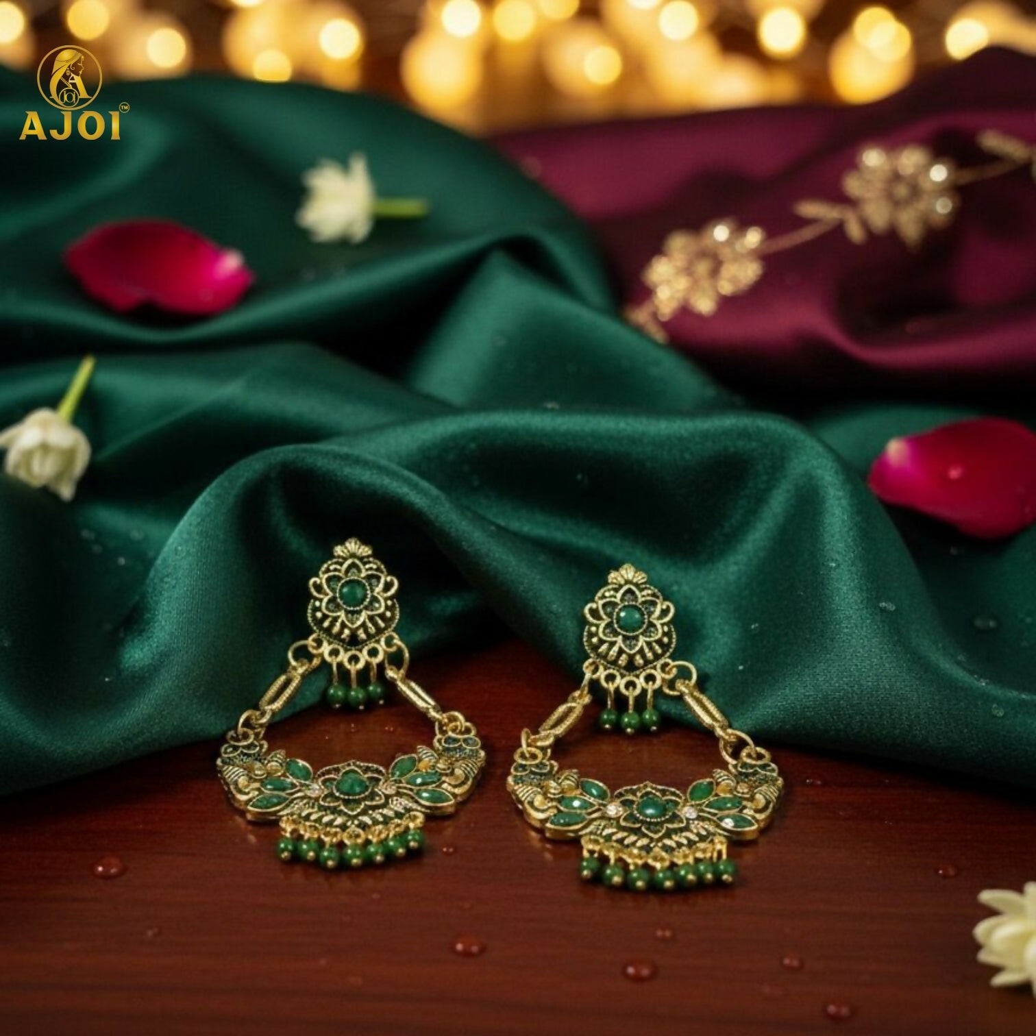 Antique Gold-Plated Green Stone Floral Chandbali Earrings for Women