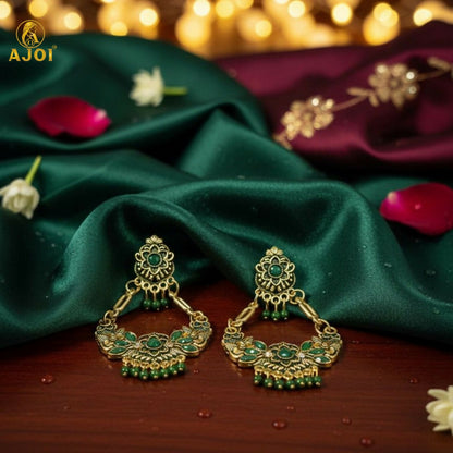 Antique Gold-Plated Green Stone Floral Chandbali Earrings for Women