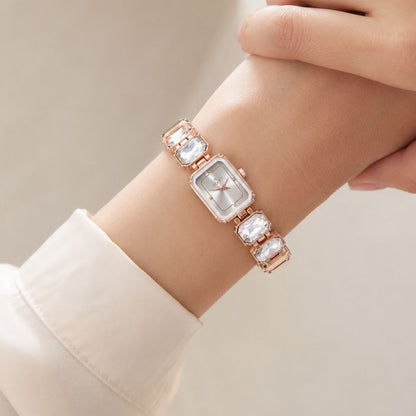 Rose Gold Watch with Square Shape Dial Bracelet Design and Black Stone Details