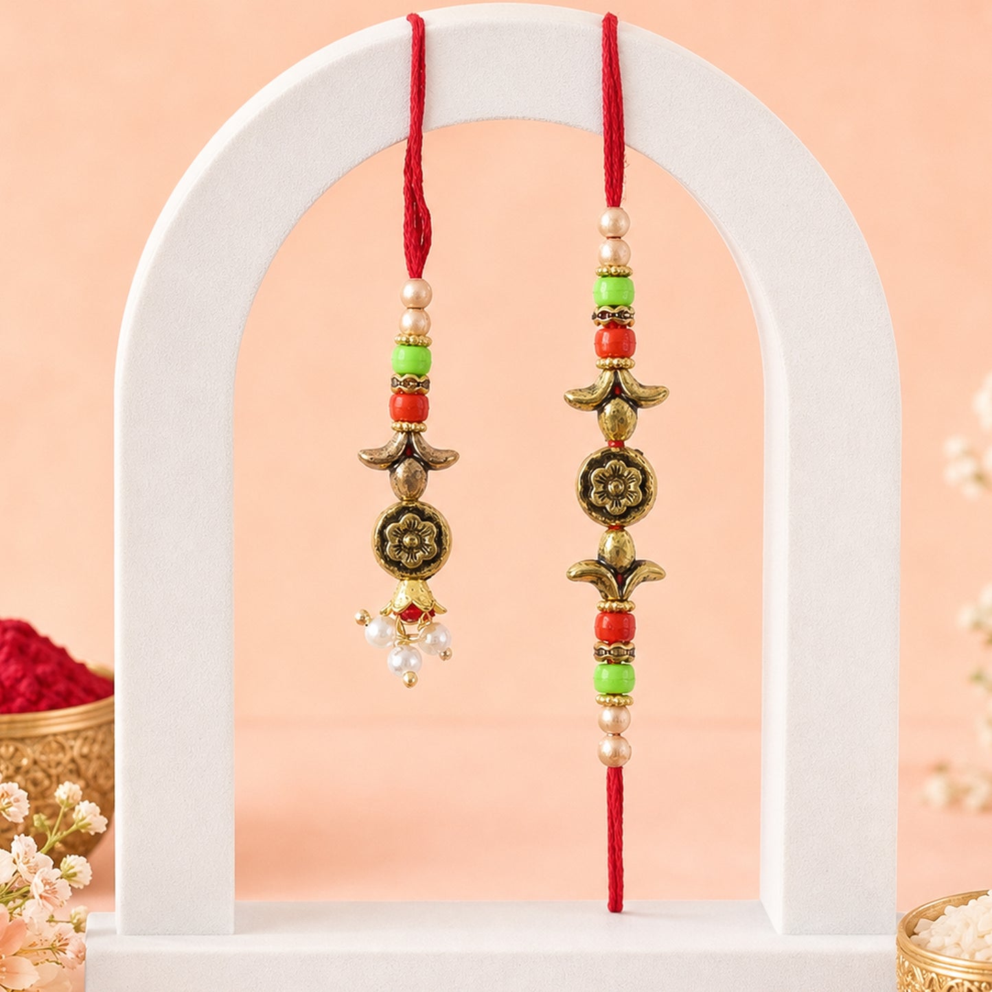 Graceful Floral Cluster Bhai Bhabhi Rakhi with Flower Center and Beads for Gifting
