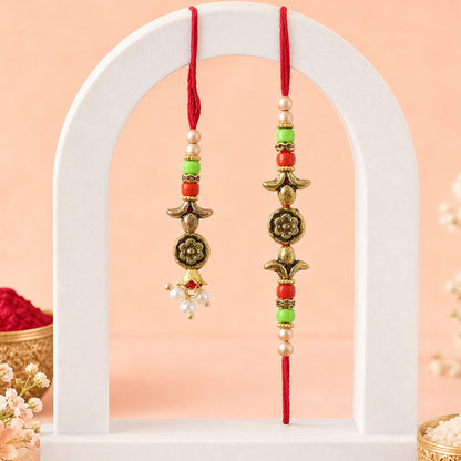 Graceful Floral Cluster Bhai Bhabhi Rakhi with Flower Center and Beads for Gifting