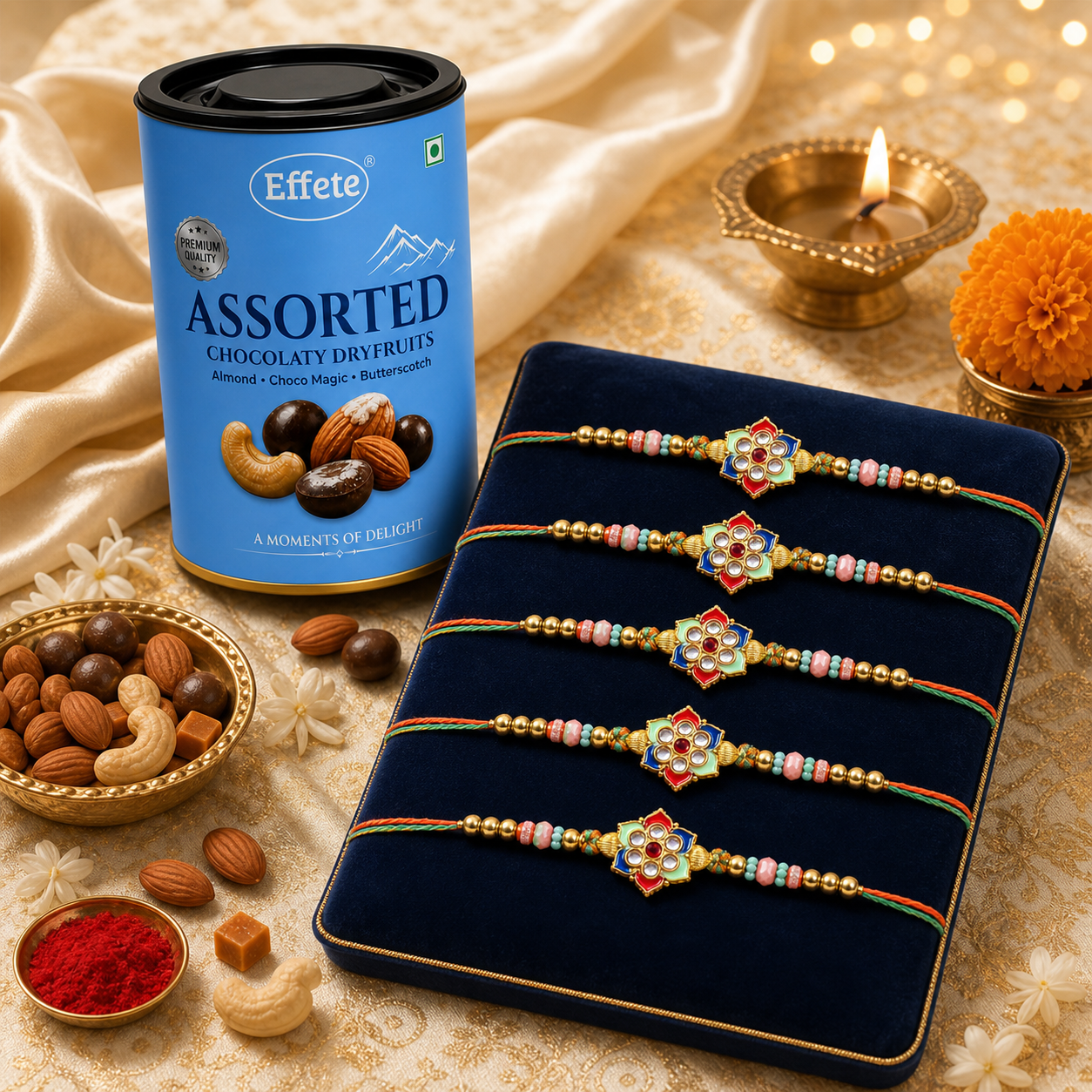 Kundan Floral Rakhi Set with Assorted Dryfruits, Pack of 5