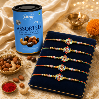Kundan Floral Rakhi Set with Assorted Dryfruits, Pack of 5