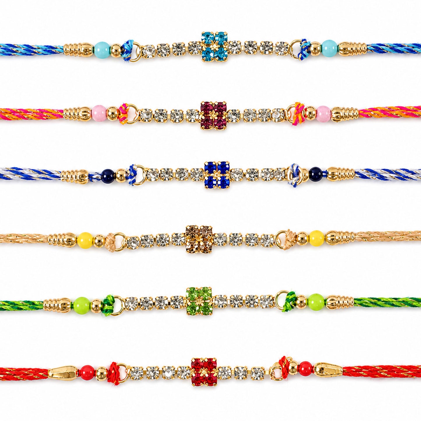 Square Motif Stone Band Rakhi in Mix Colour Threads (Pack of 6)