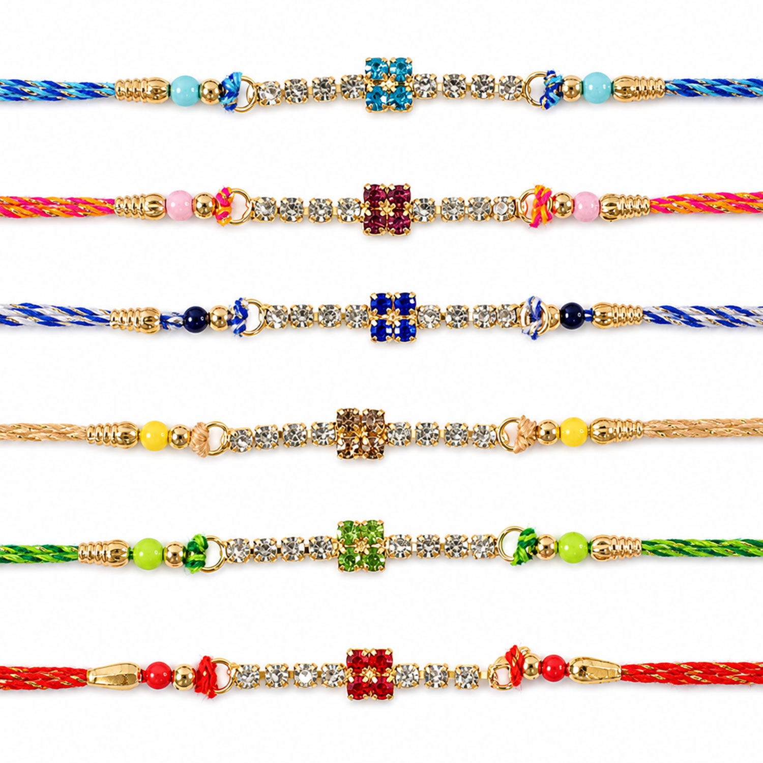 Square Motif Stone Band Rakhi in Mix Colour Threads (Pack of 6)