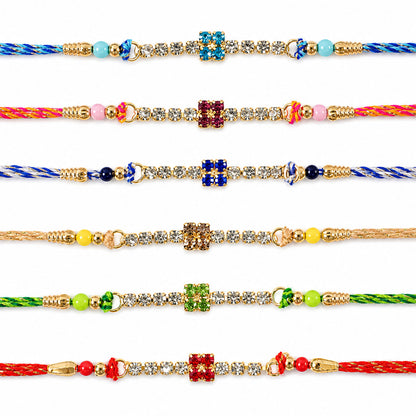 Square Motif Stone Band Rakhi in Mix Colour Threads (Pack of 6)