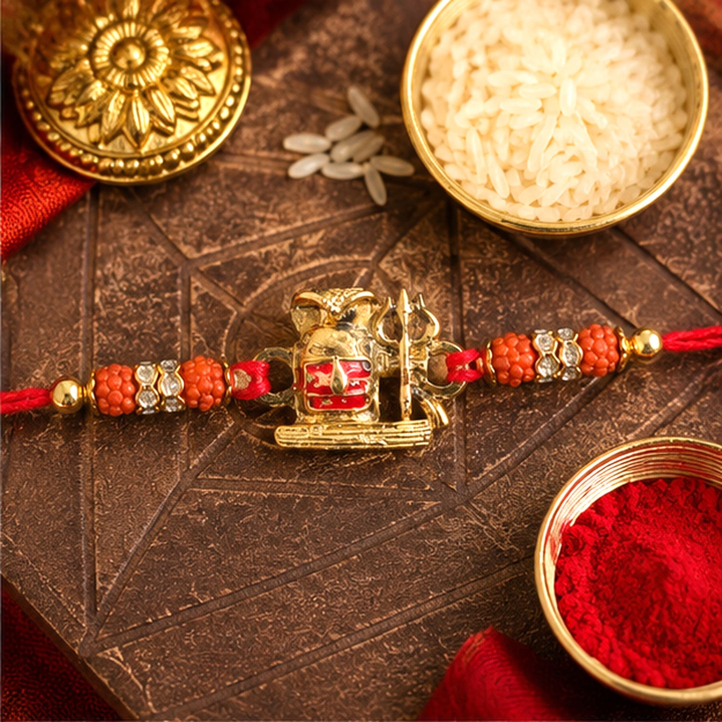 Shivling Trishul Devotional Rakhi with Golden Lord Shiva Centre and Orange Beads