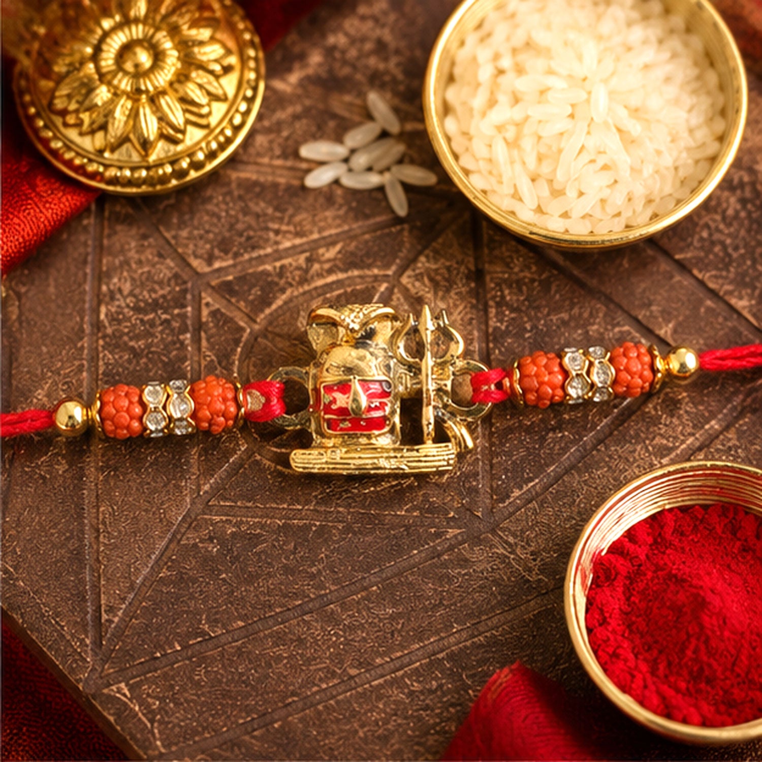 Shivling Trishul Devotional Rakhi with Golden Lord Shiva Centre and Orange Beads