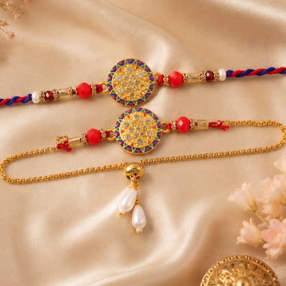 Stone Studded Round Bhai Bhabhi Lumba Rakhi with Pearl Hangings