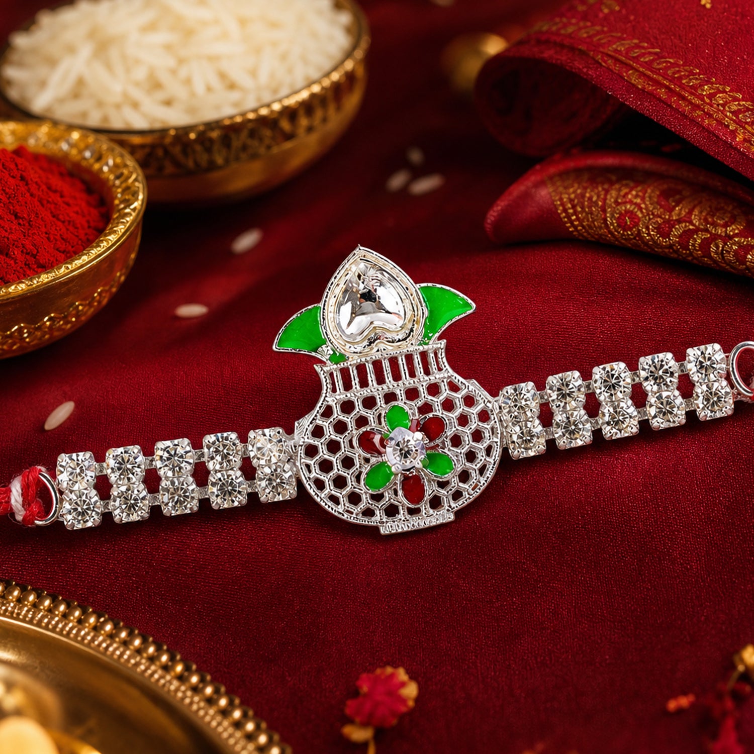 Premium Rakhi showcasing Kalash Charm, gold trims and thread style for Gift Styling
