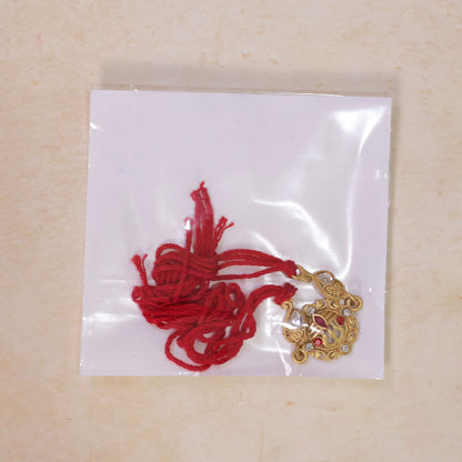 Gold-Toned Trishul Rakhi with Red Stones, Clear Crystal Accents & Designer Red Thread